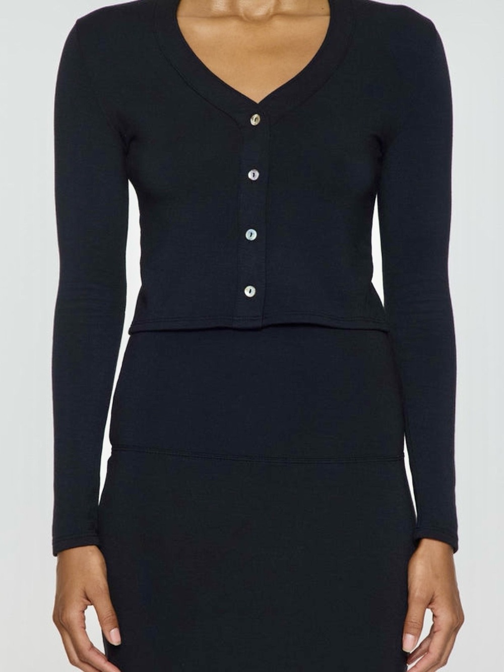Slim Fit Black V-Neck Button-Front Crop Shirt